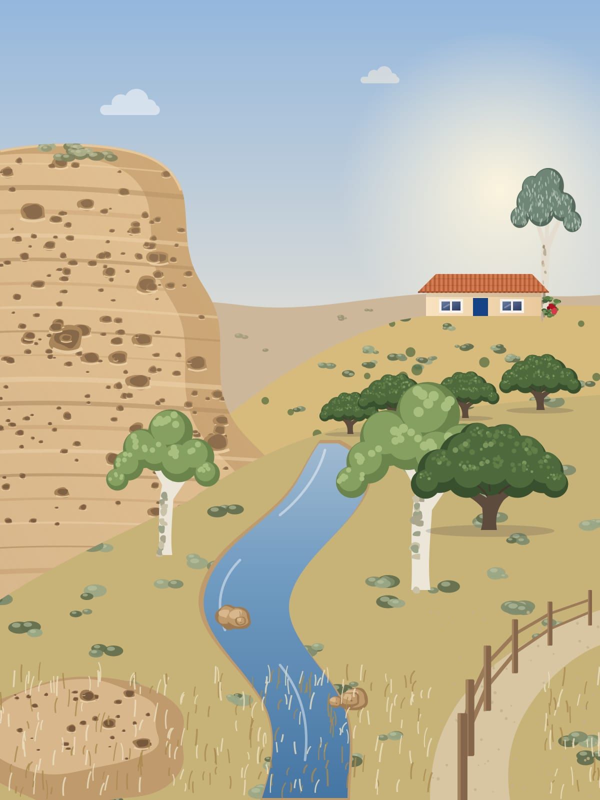Illustration of a creek winding through a canyon below a honeycombed sandstone cliff, with oaks, sycamores and a tile-roofed house on the rim