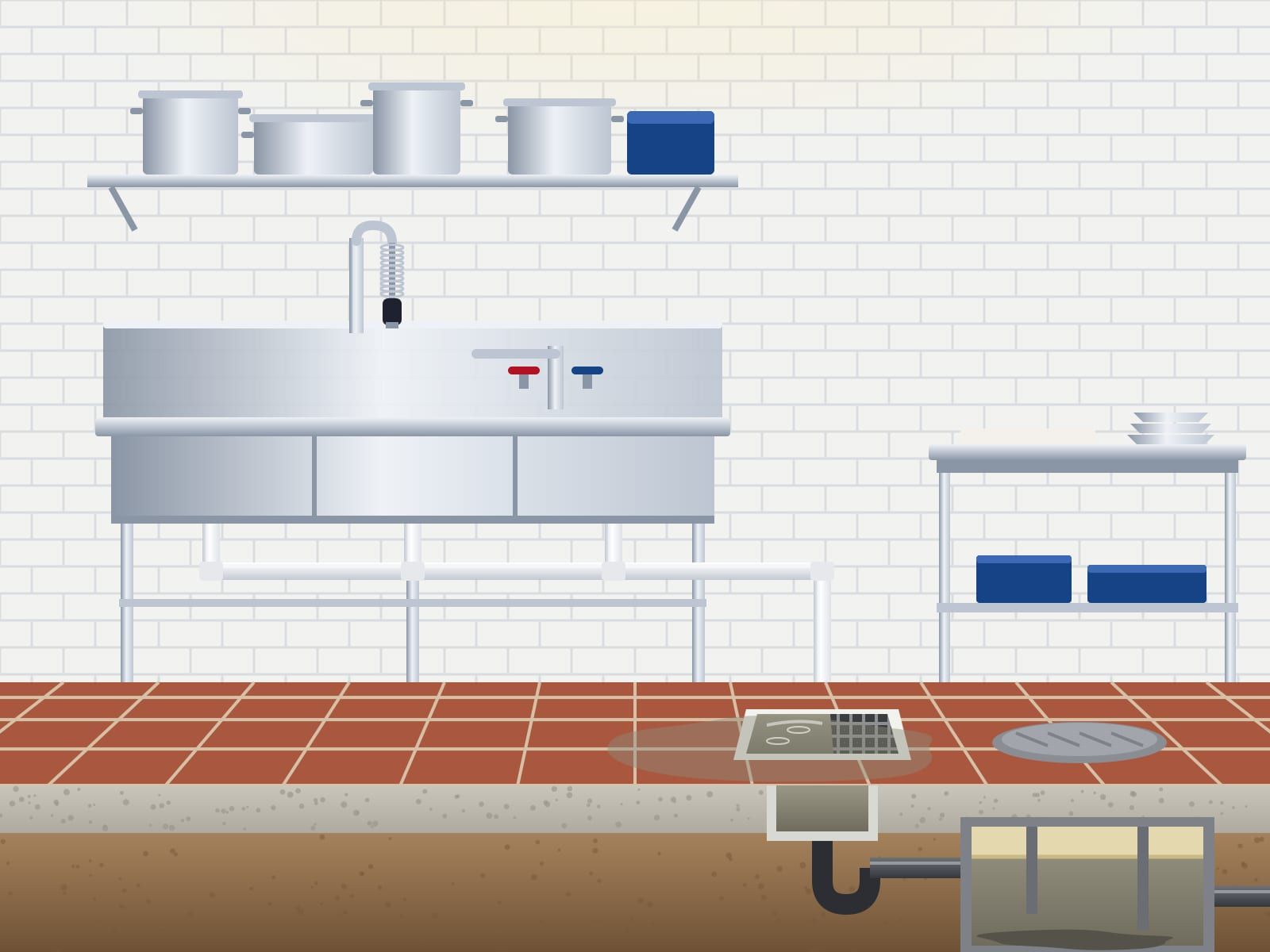 Illustration of a restaurant kitchen where a floor sink below a three-compartment sink is full of gray water, a grease interceptor cut away below
