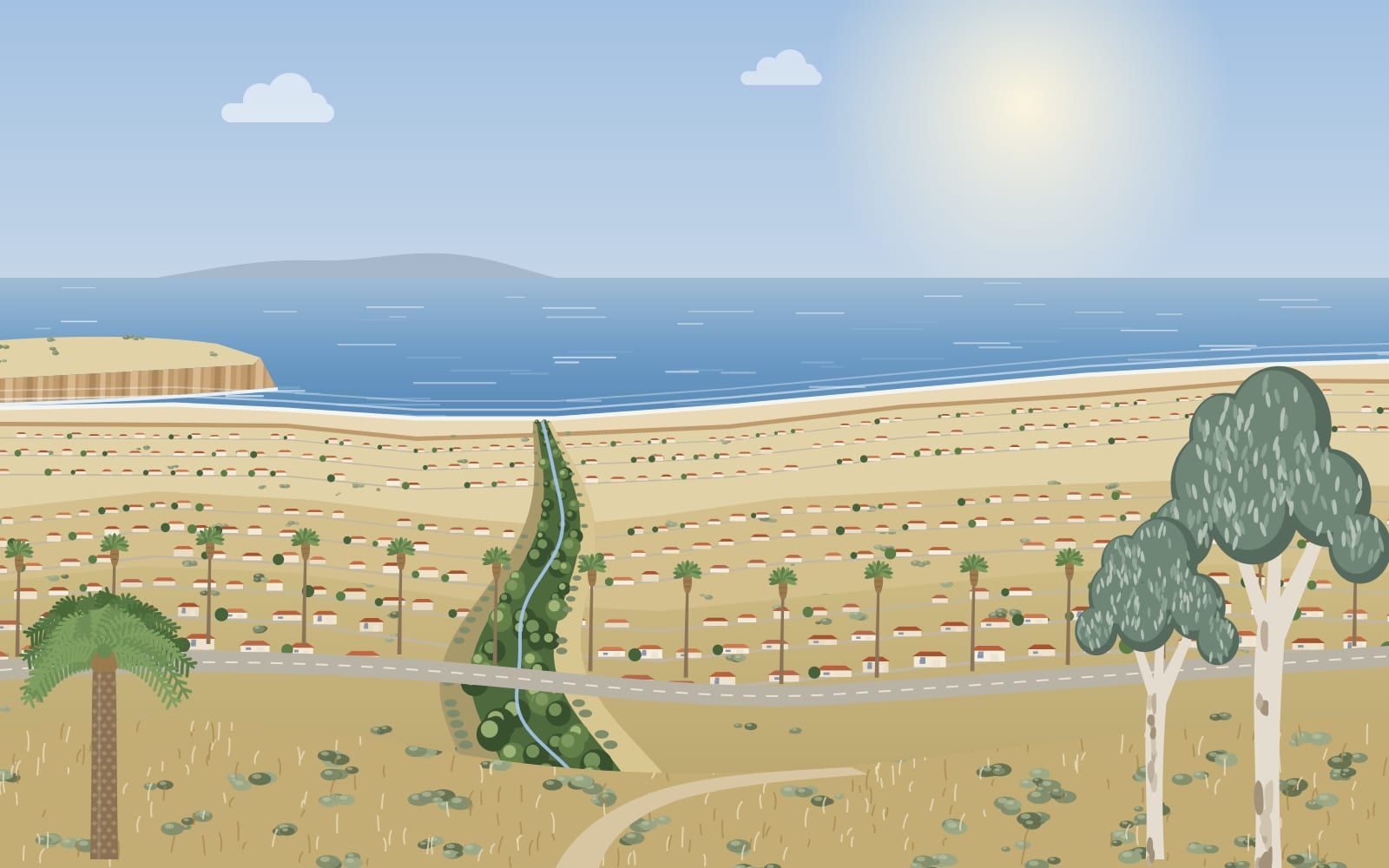 Illustration of hills of tile-roofed houses and palm-lined streets falling to the sea, with a green canyon, bluffs and an island