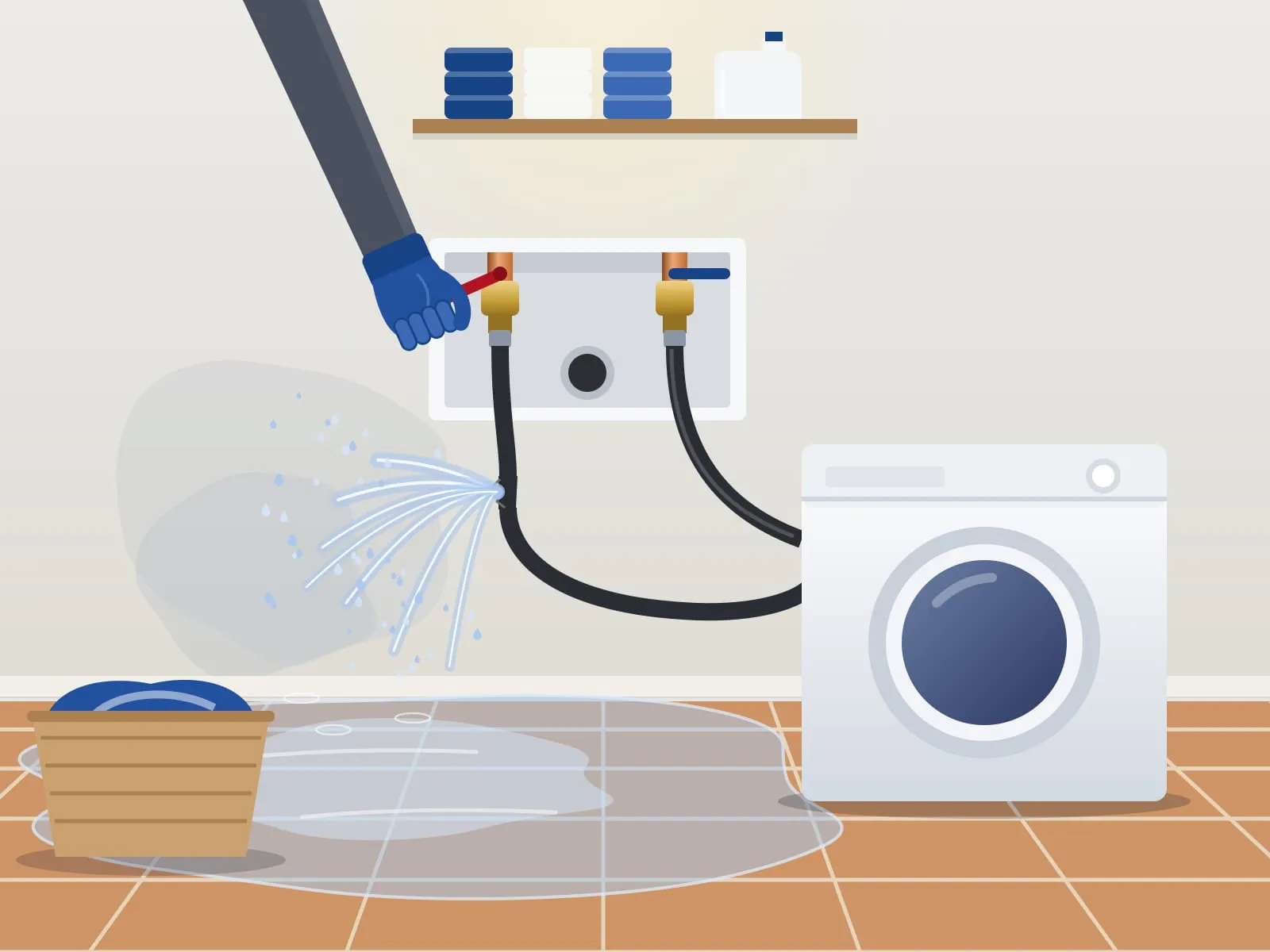 Illustration of a gloved hand closing the red-handled valve of a washer box while a split hose sprays water onto a tile floor