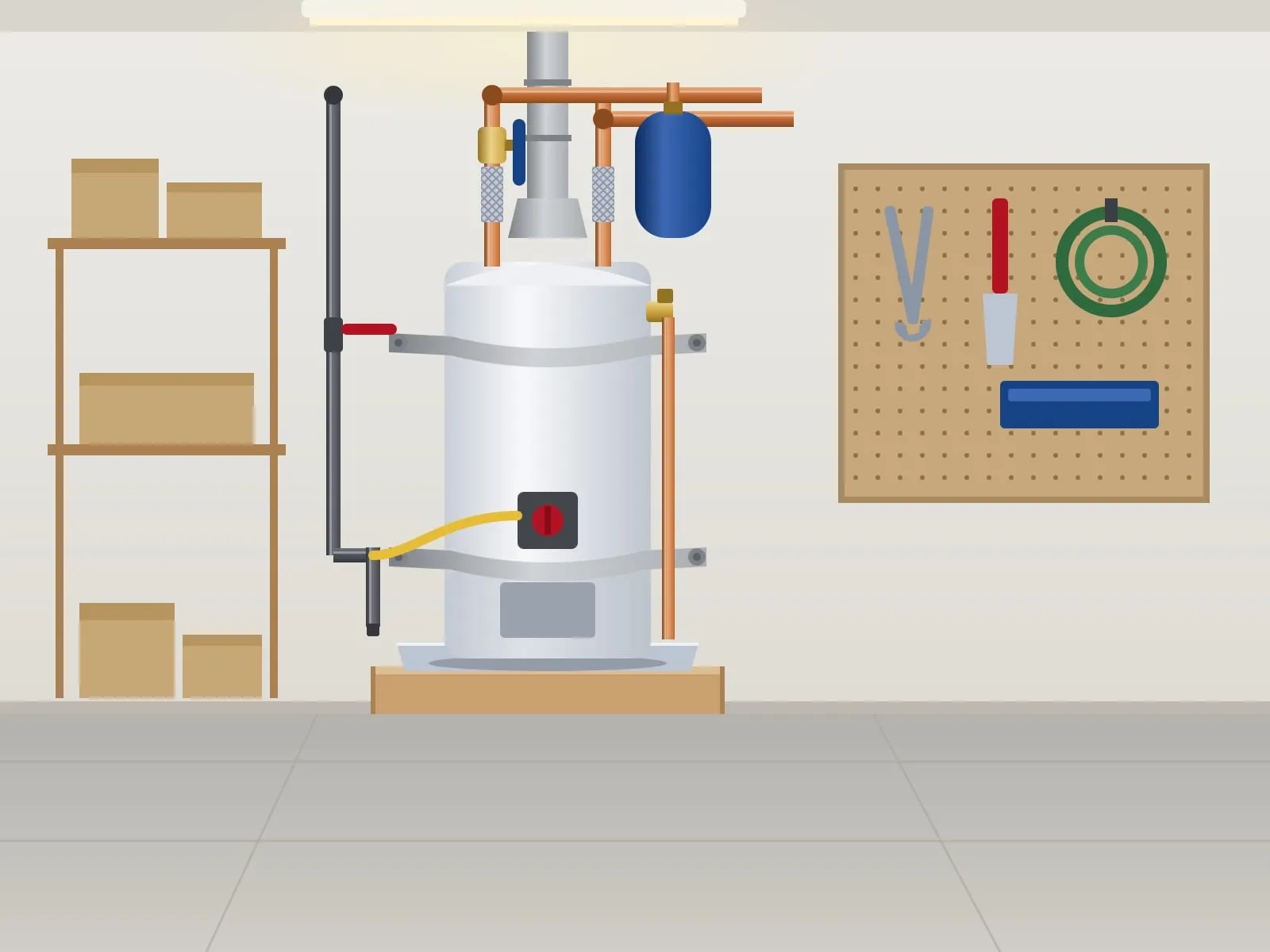 Illustration of a gas tank water heater on a garage platform, held by two straps, with its vent, gas valve and blue expansion tank