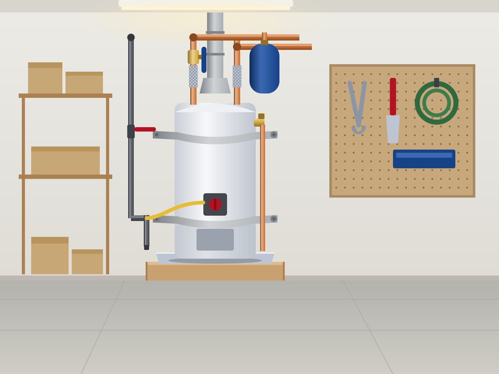 Illustration of a gas tank water heater on a garage platform, held by two straps, with its vent, gas valve and blue expansion tank
