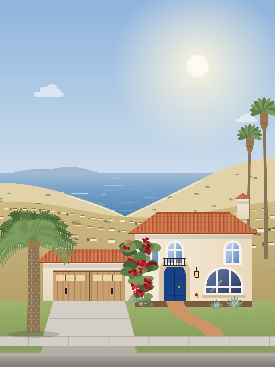 Illustration of a Spanish-style stucco house with a red tile roof, a blue arched door, a bougainvillea and palms, above hills and the sea