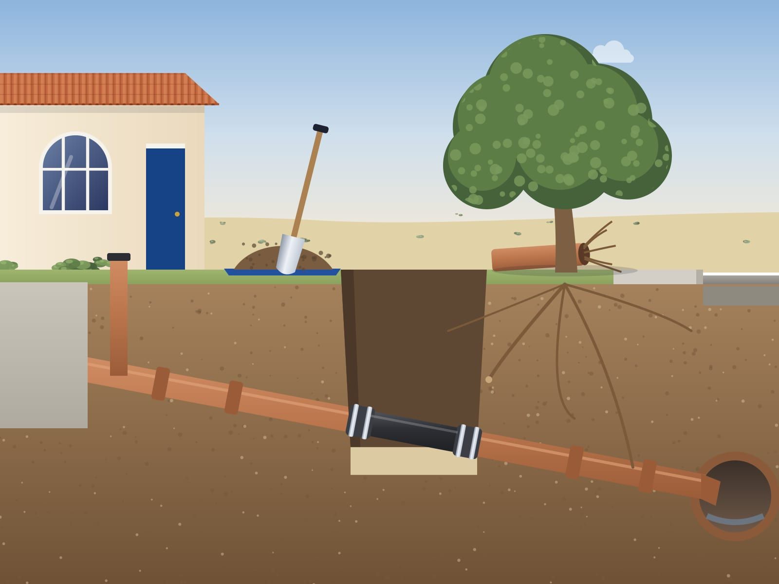 Illustration of a cutaway front yard where a short trench exposes a new black section in a clay sewer pipe, an old piece with roots beside it