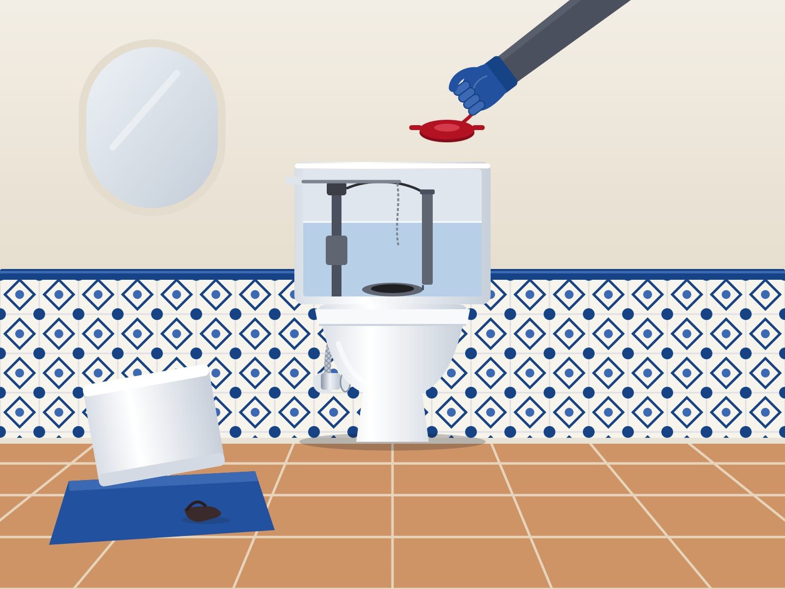 Illustration of an open toilet tank showing its fill valve and overflow tube while a gloved hand lowers a new red flapper into it