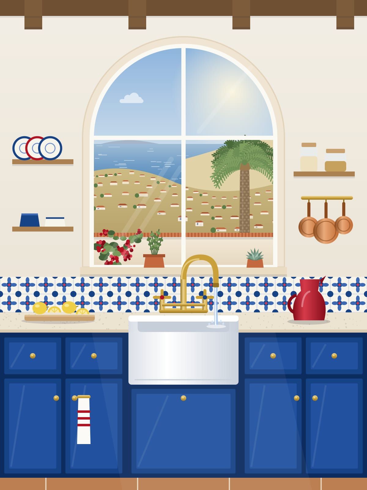 Illustration of a kitchen with a white apron sink and a brass faucet running water under an arched window that looks out to the sea